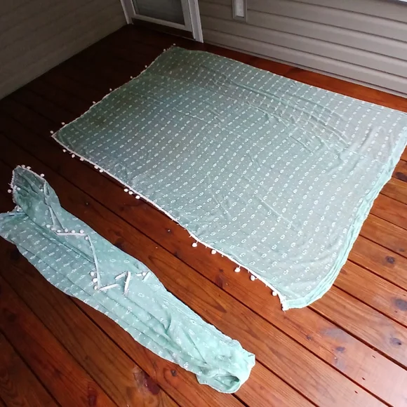 True antique vintage 1930's 40's mint green pom pom curtains 60 x 79